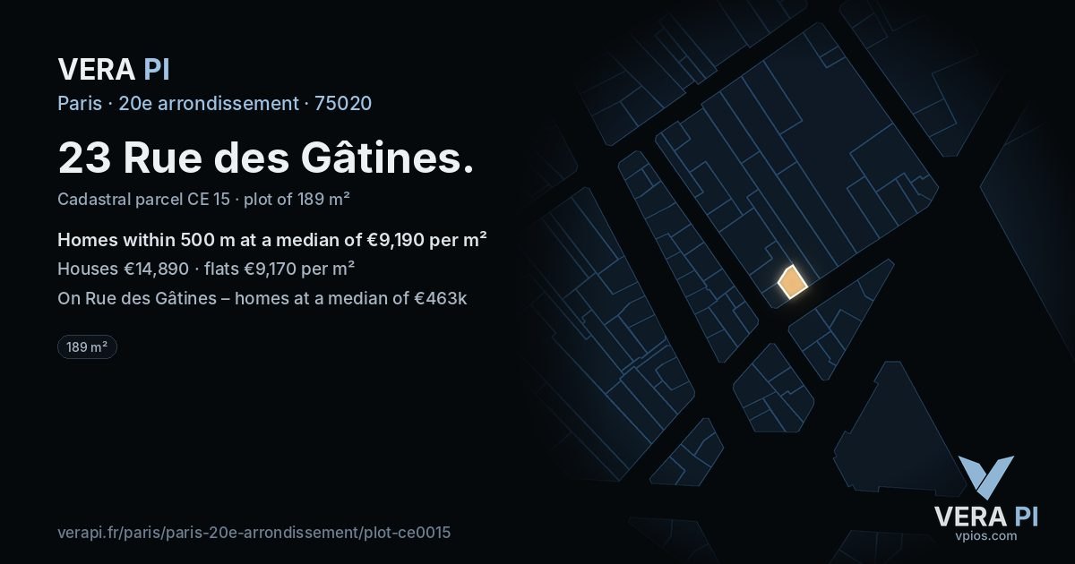 23 Rue des Gâtines, 20e arrondissement at night – the plot lit, the parcels around coloured by the prices near them