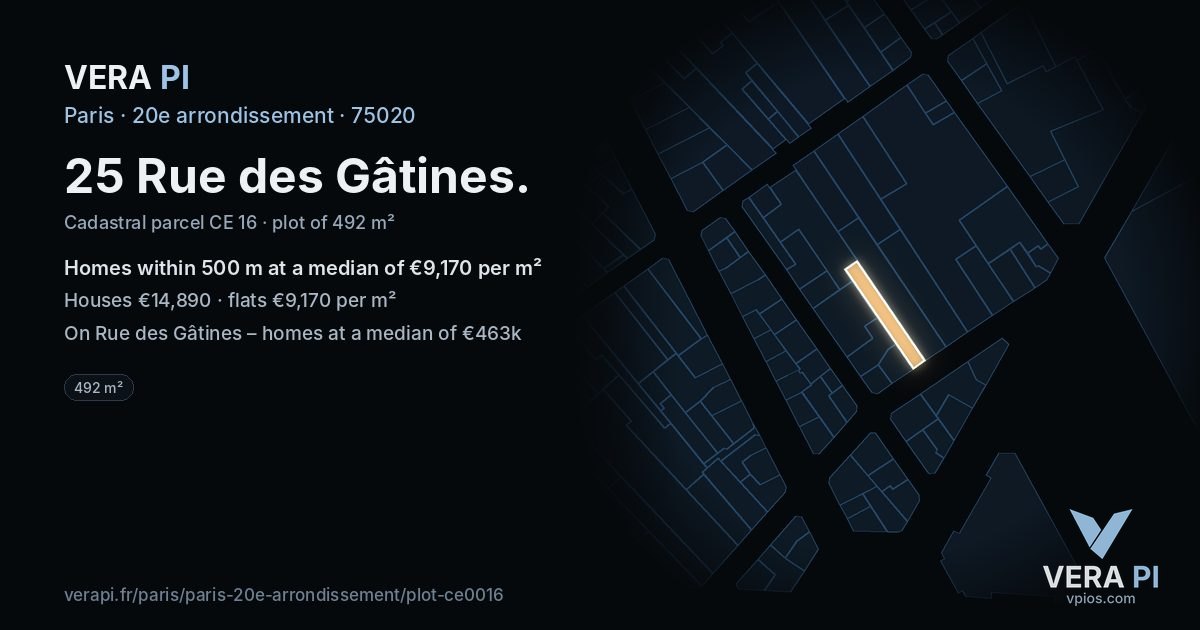 25 Rue des Gâtines, 20e arrondissement at night – the plot lit, the parcels around coloured by the prices near them