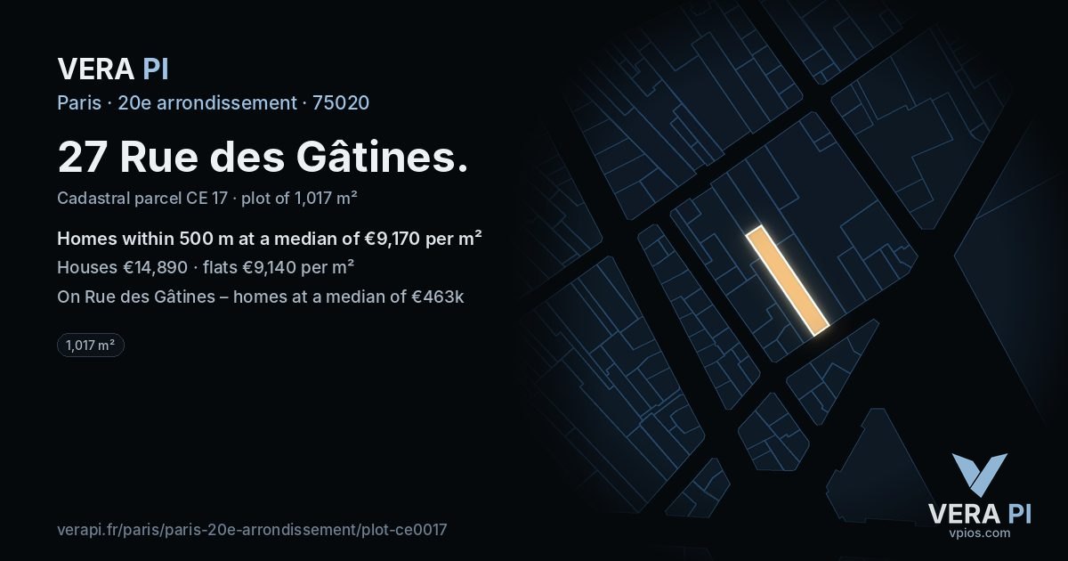 27 Rue des Gâtines, 20e arrondissement at night – the plot lit, the parcels around coloured by the prices near them