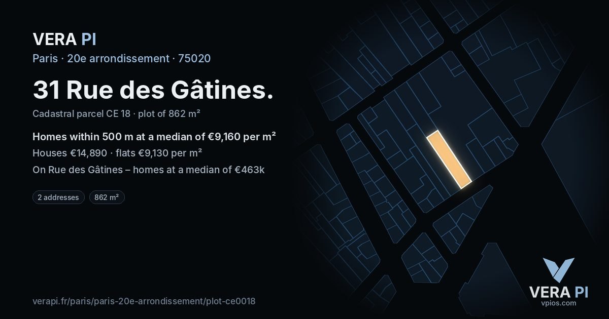 31 Rue des Gâtines, 20e arrondissement at night – the plot lit, the parcels around coloured by the prices near them