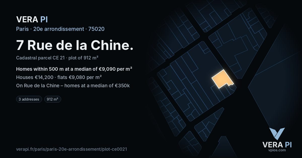 7 Rue de la Chine, 20e arrondissement at night – the plot lit, the parcels around coloured by the prices near them