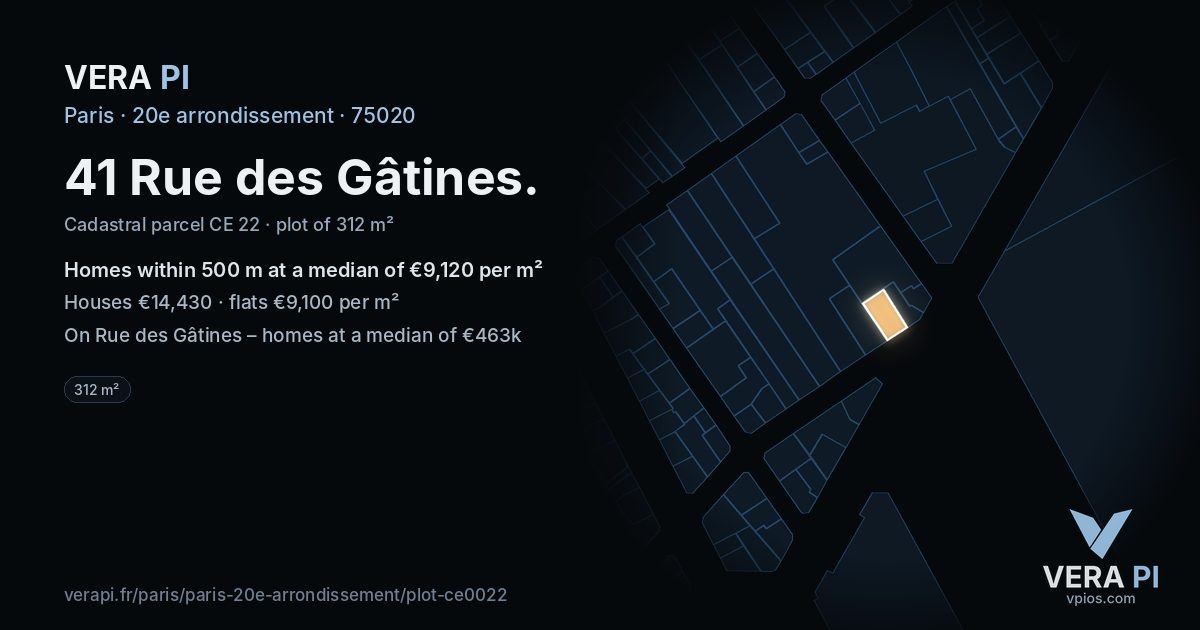 41 Rue des Gâtines, 20e arrondissement at night – the plot lit, the parcels around coloured by the prices near them