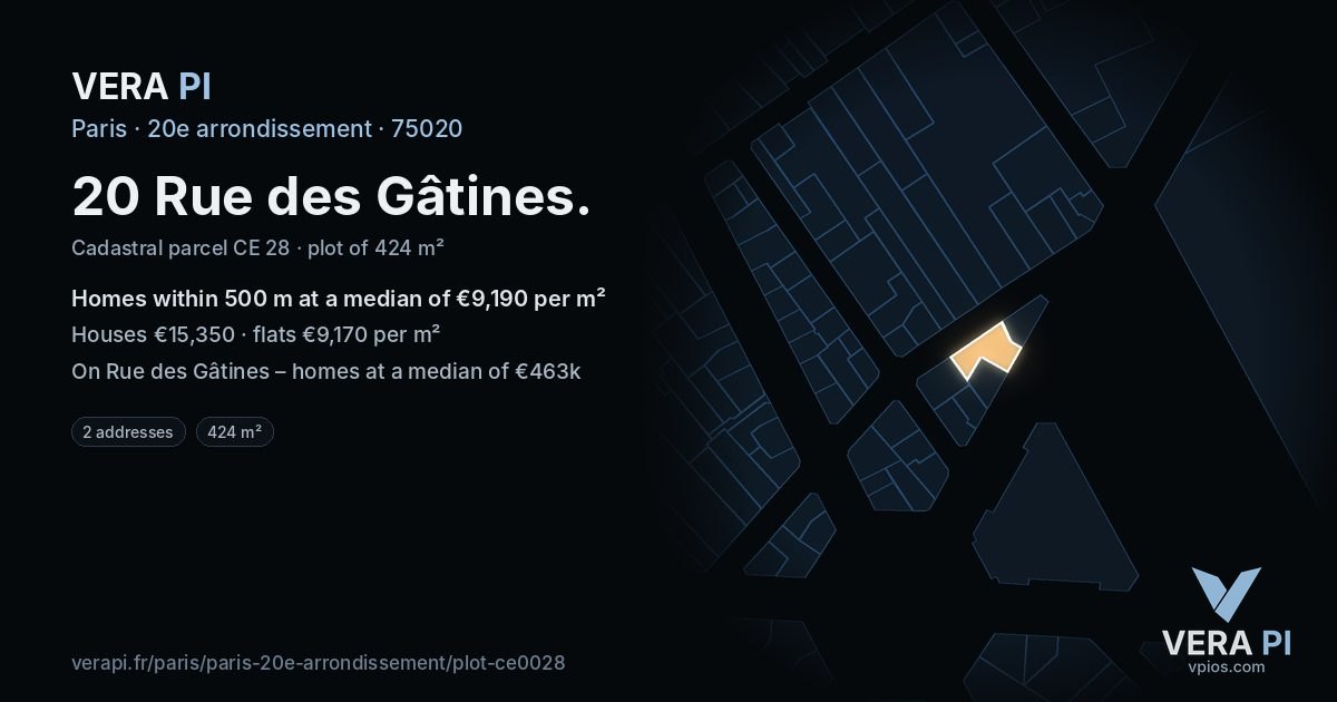 20 Rue des Gâtines, 20e arrondissement at night – the plot lit, the parcels around coloured by the prices near them