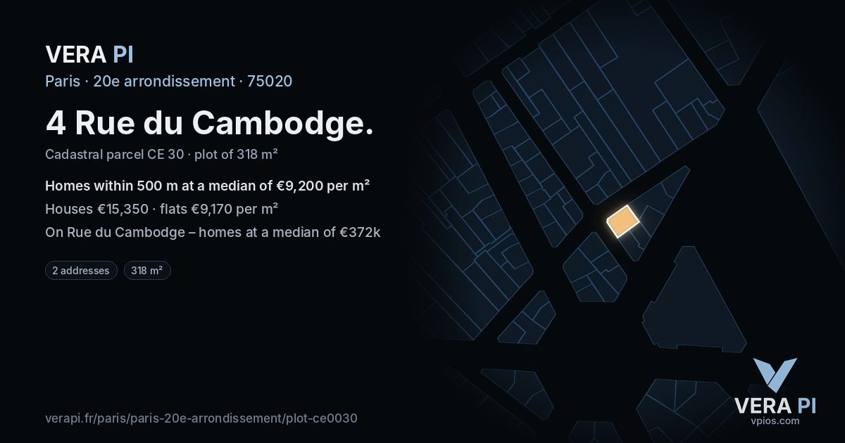 4 Rue du Cambodge, 20e arrondissement at night – the plot lit, the parcels around coloured by the prices near them