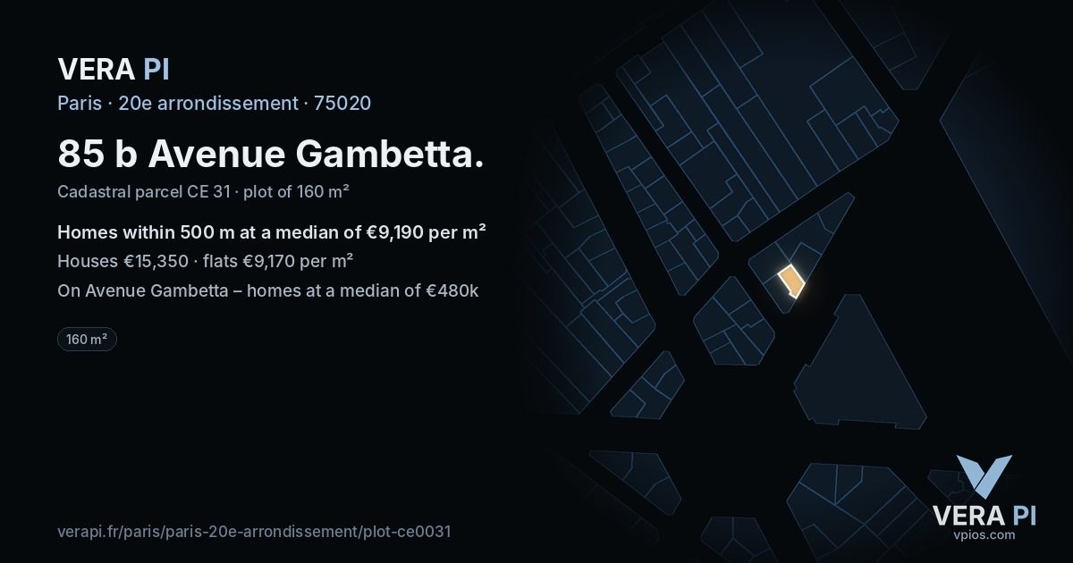 85 b Avenue Gambetta, 20e arrondissement at night – the plot lit, the parcels around coloured by the prices near them