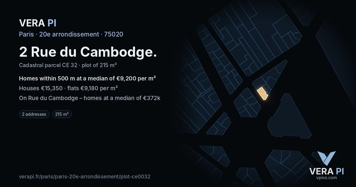 2 Rue du Cambodge, 20e arrondissement at night – the plot lit, the parcels around coloured by the prices near them