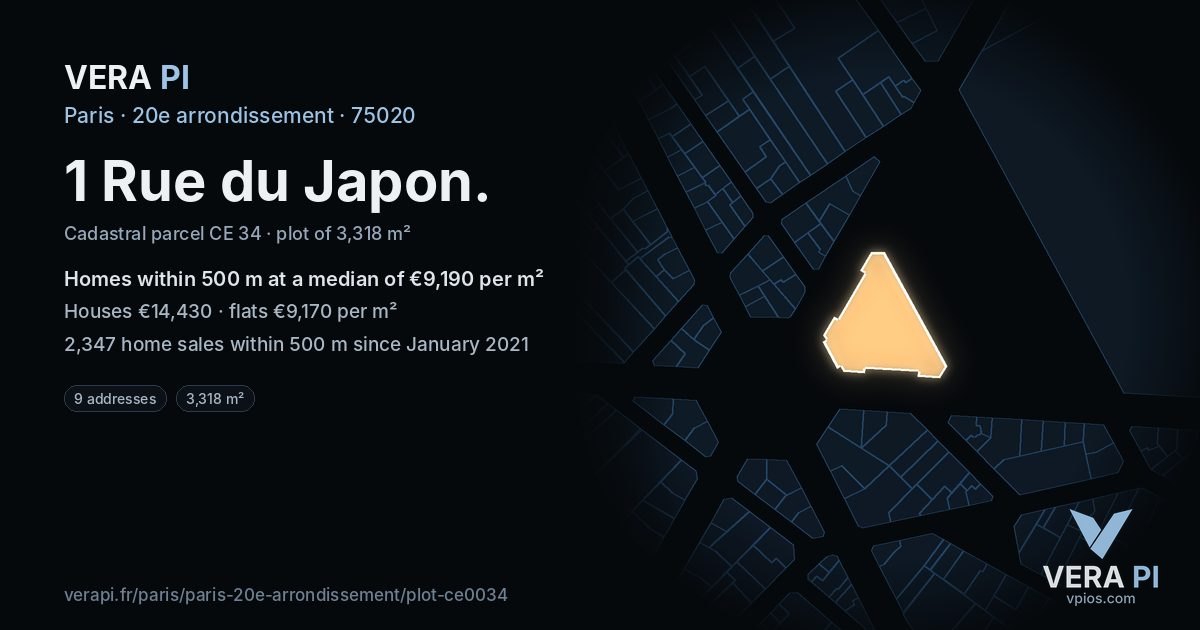 1 Rue du Japon, 20e arrondissement at night – the plot lit, the parcels around coloured by the prices near them