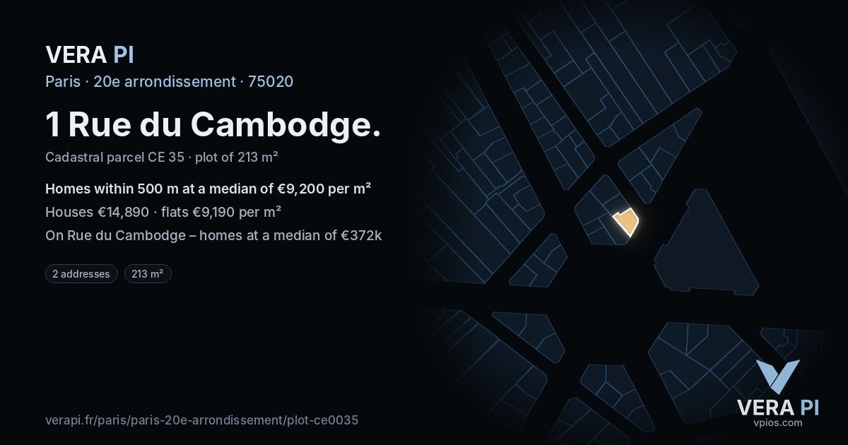 1 Rue du Cambodge, 20e arrondissement at night – the plot lit, the parcels around coloured by the prices near them
