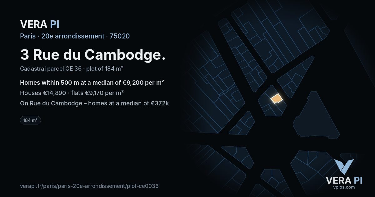 3 Rue du Cambodge, 20e arrondissement at night – the plot lit, the parcels around coloured by the prices near them