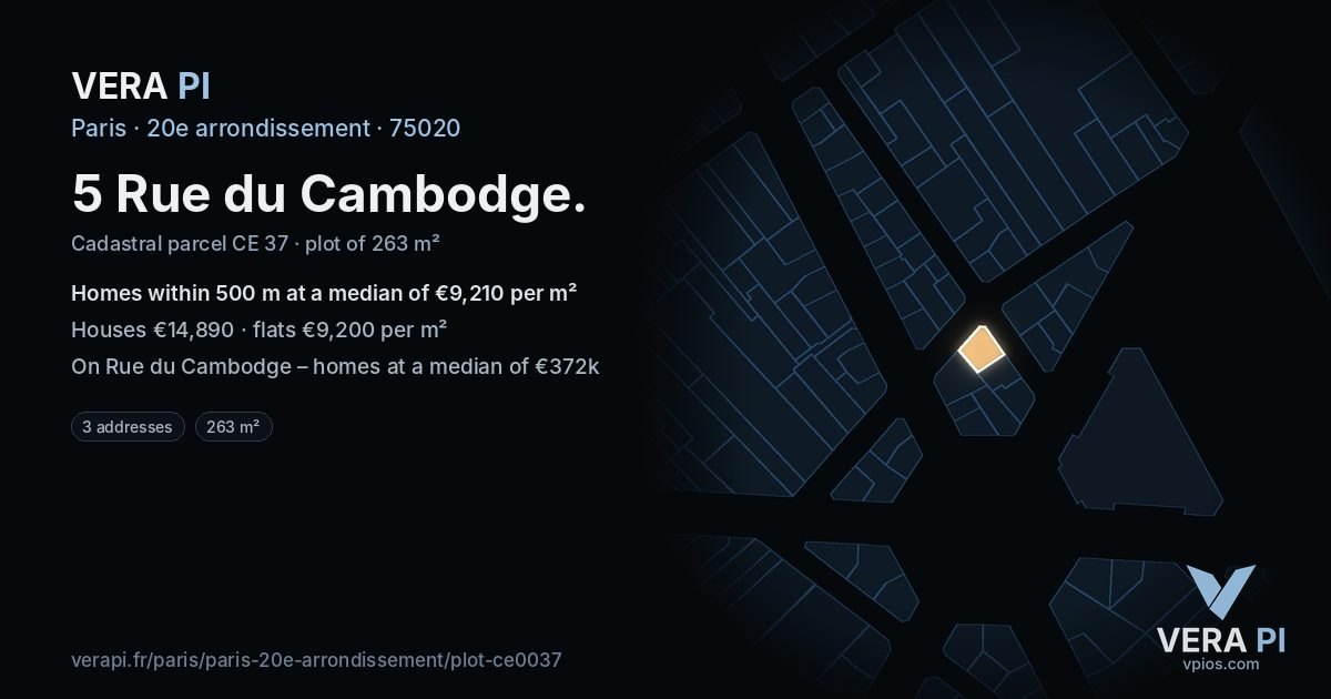5 Rue du Cambodge, 20e arrondissement at night – the plot lit, the parcels around coloured by the prices near them