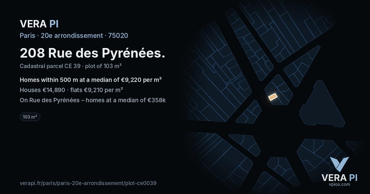 208 Rue des Pyrénées, 20e arrondissement at night – the plot lit, the parcels around coloured by the prices near them