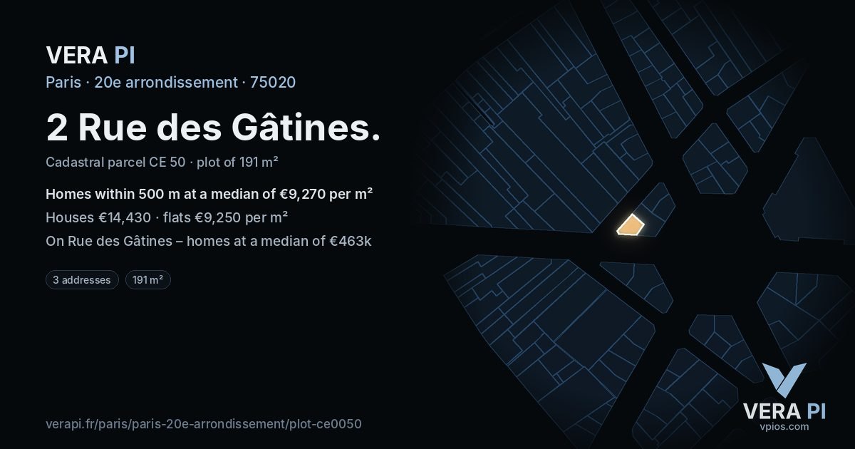 2 Rue des Gâtines, 20e arrondissement at night – the plot lit, the parcels around coloured by the prices near them