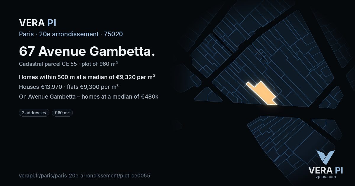 67 Avenue Gambetta, 20e arrondissement at night – the plot lit, the parcels around coloured by the prices near them