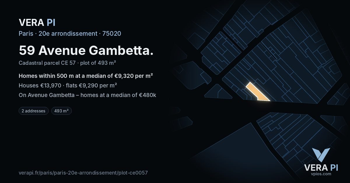 59 Avenue Gambetta, 20e arrondissement at night – the plot lit, the parcels around coloured by the prices near them