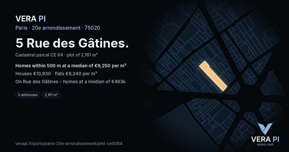 5 Rue des Gâtines, 20e arrondissement at night – the plot lit, the parcels around coloured by the prices near them