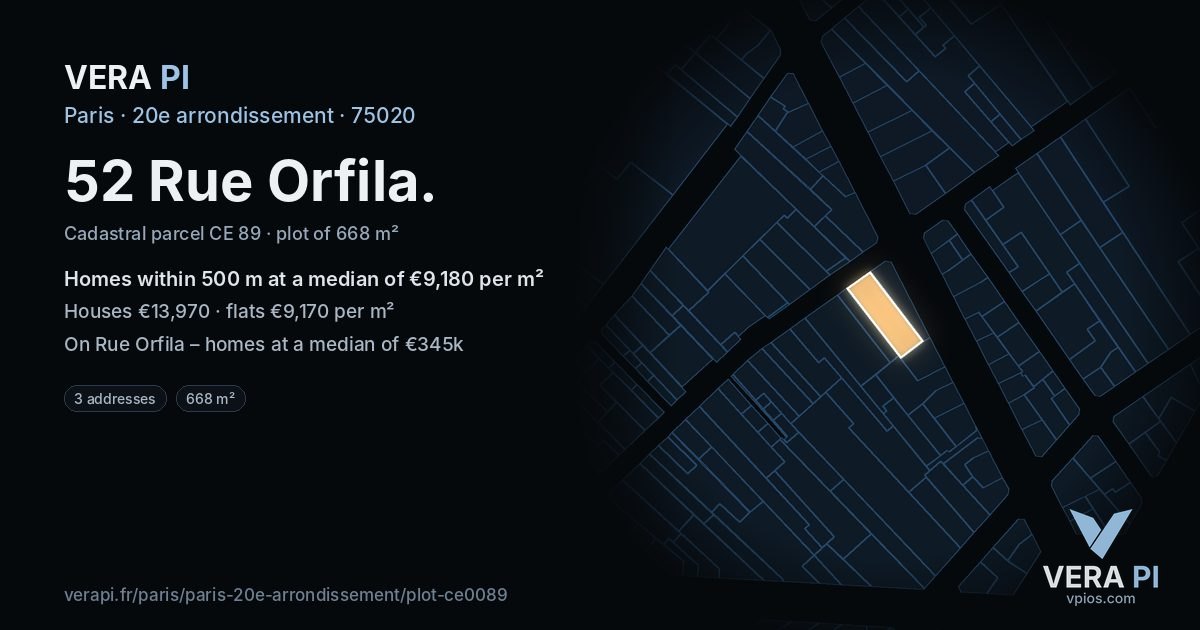 52 Rue Orfila, 20e arrondissement at night – the plot lit, the parcels around coloured by the prices near them