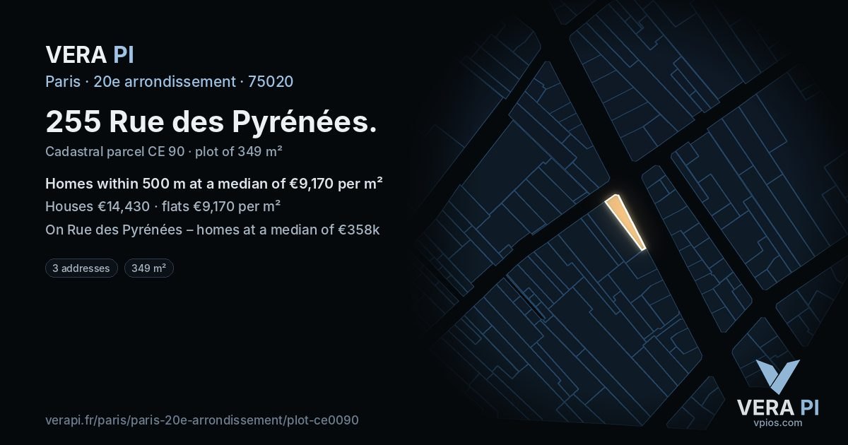 255 Rue des Pyrénées, 20e arrondissement at night – the plot lit, the parcels around coloured by the prices near them