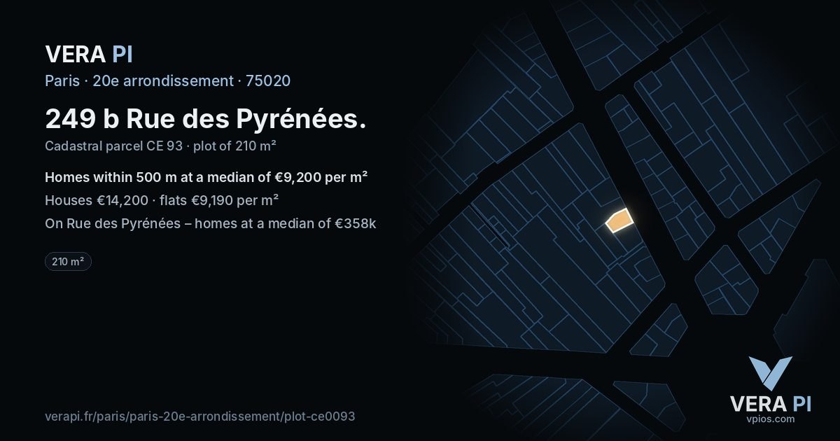 249 b Rue des Pyrénées, 20e arrondissement at night – the plot lit, the parcels around coloured by the prices near them