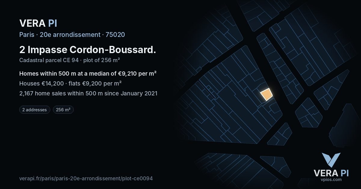 2 Impasse Cordon-Boussard, 20e arrondissement at night – the plot lit, the parcels around coloured by the prices near them
