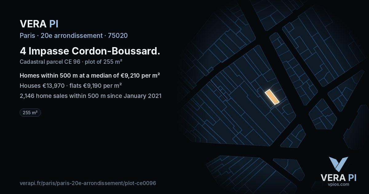 4 Impasse Cordon-Boussard, 20e arrondissement at night – the plot lit, the parcels around coloured by the prices near them