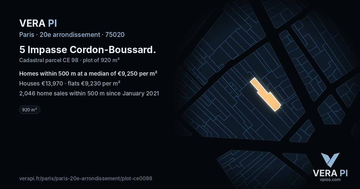 5 Impasse Cordon-Boussard, 20e arrondissement at night – the plot lit, the parcels around coloured by the prices near them