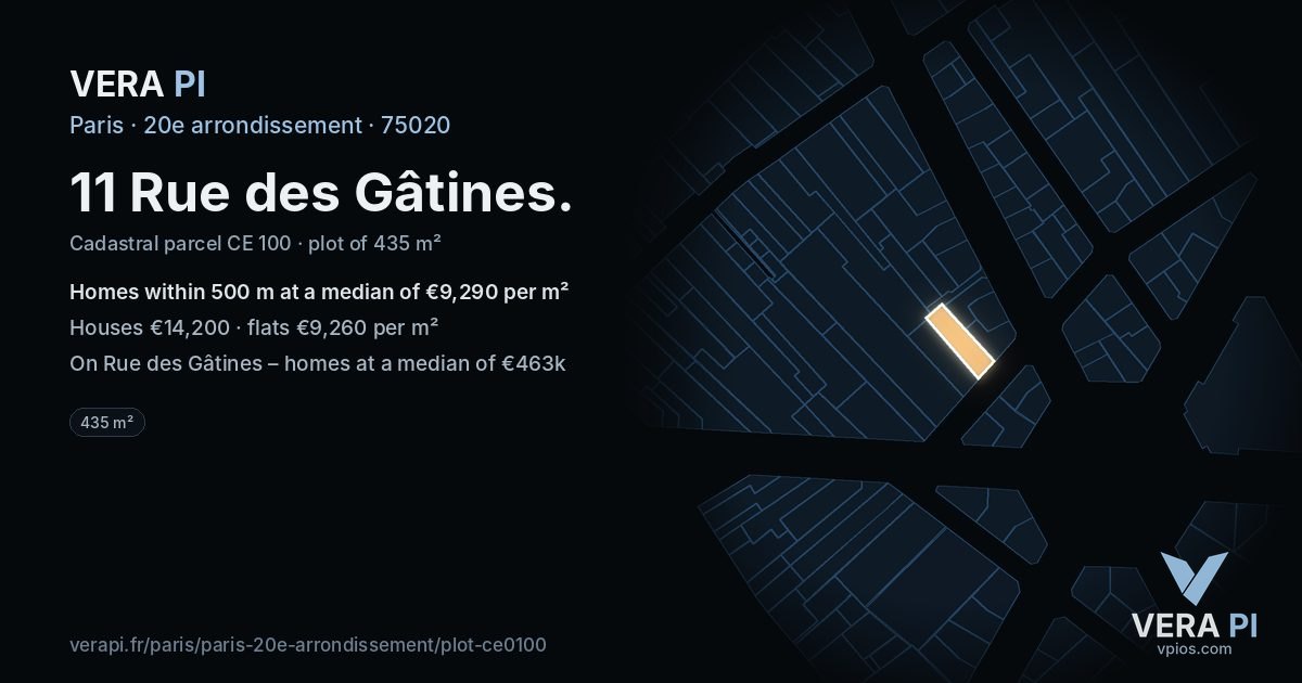 11 Rue des Gâtines, 20e arrondissement at night – the plot lit, the parcels around coloured by the prices near them