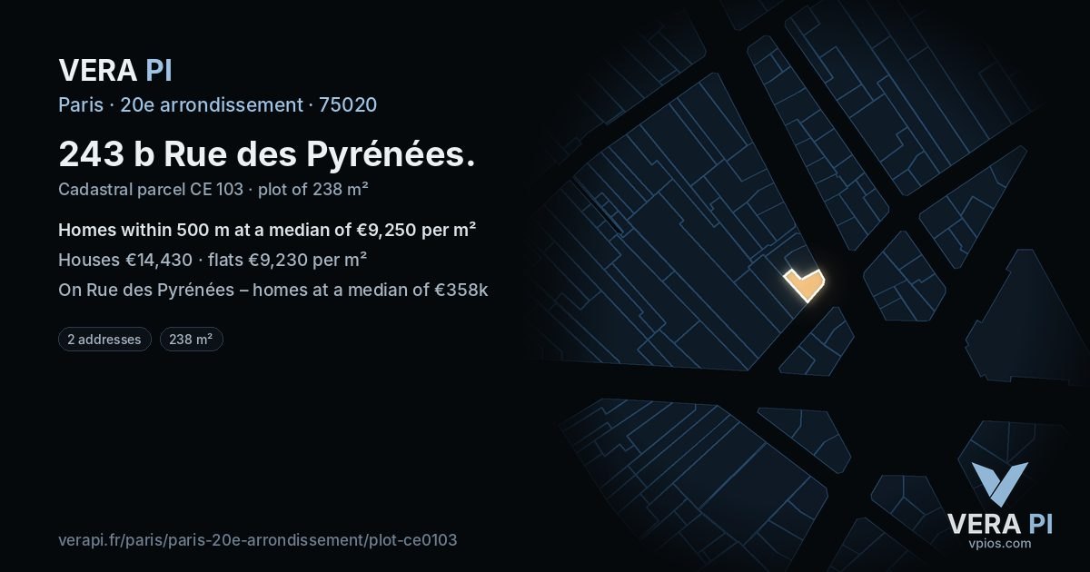 243 b Rue des Pyrénées, 20e arrondissement at night – the plot lit, the parcels around coloured by the prices near them