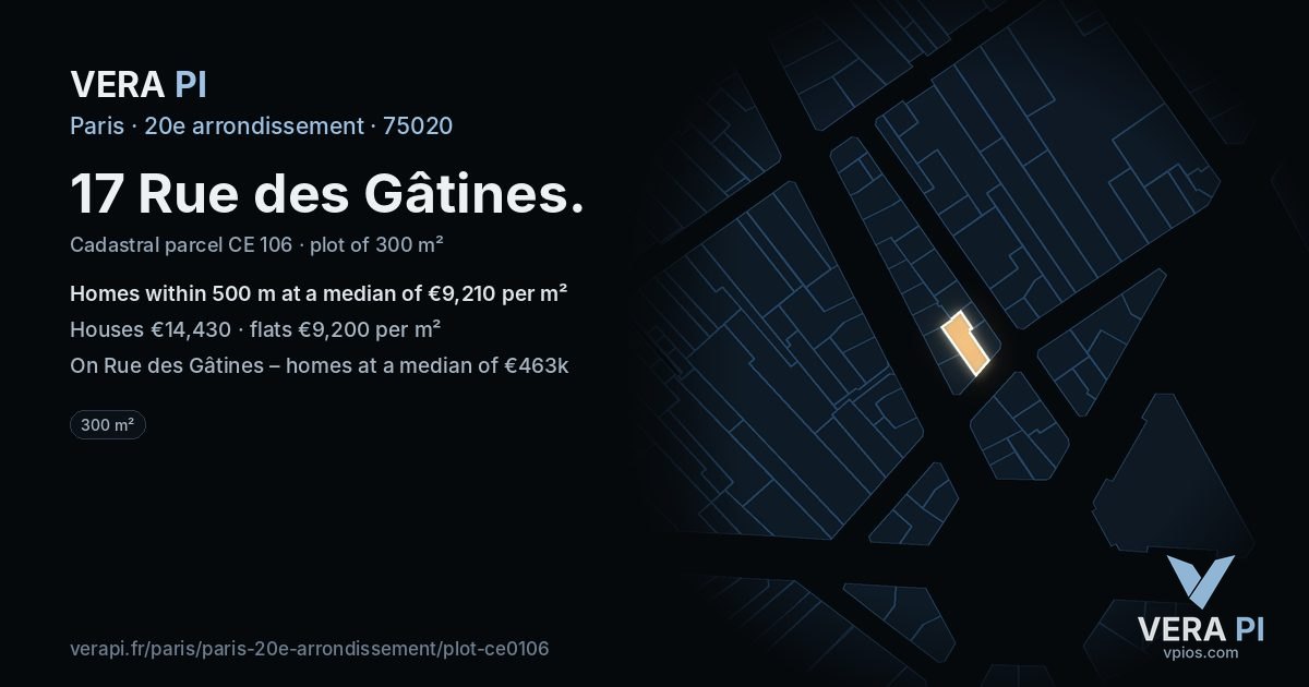 17 Rue des Gâtines, 20e arrondissement at night – the plot lit, the parcels around coloured by the prices near them