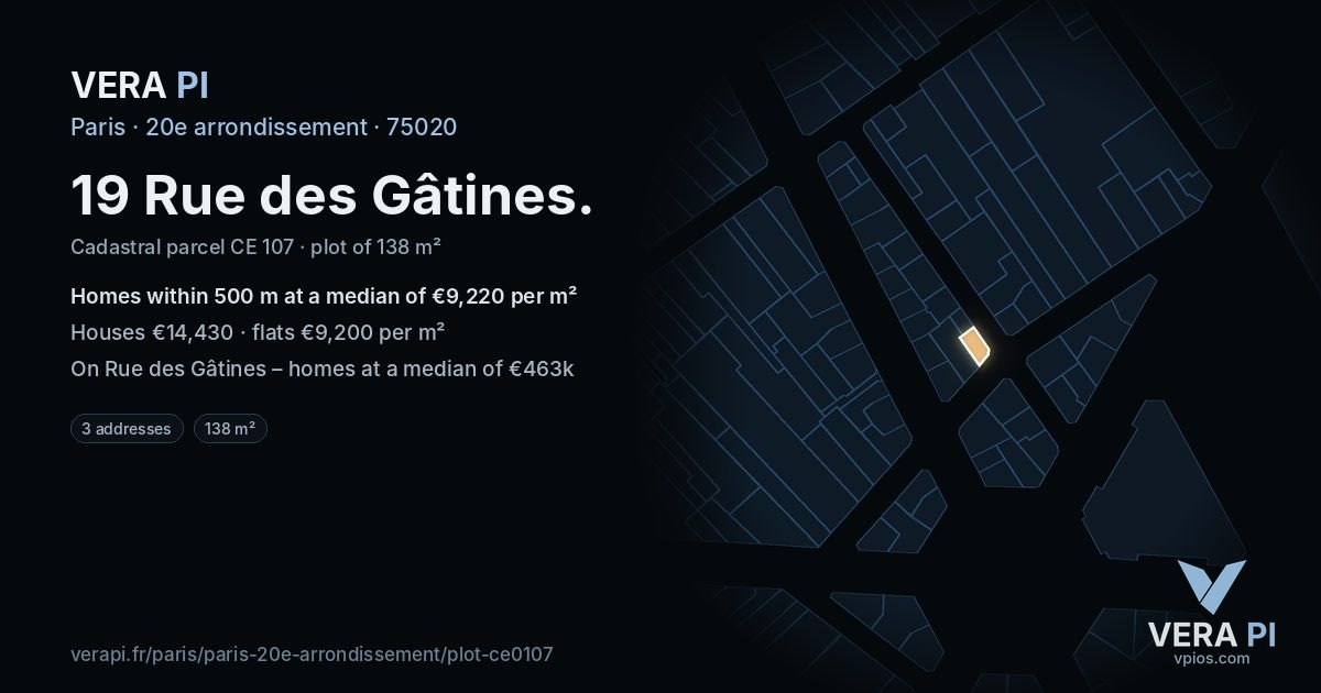 19 Rue des Gâtines, 20e arrondissement at night – the plot lit, the parcels around coloured by the prices near them