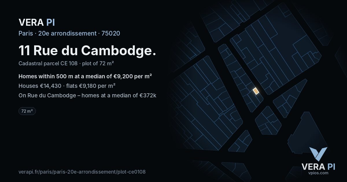 11 Rue du Cambodge, 20e arrondissement at night – the plot lit, the parcels around coloured by the prices near them