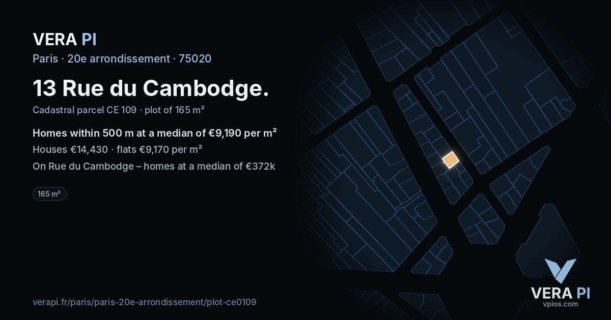 13 Rue du Cambodge, 20e arrondissement at night – the plot lit, the parcels around coloured by the prices near them