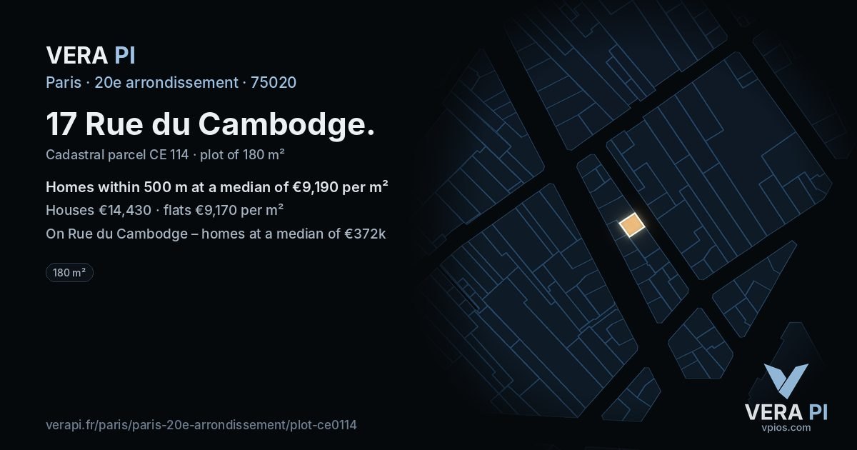 17 Rue du Cambodge, 20e arrondissement at night – the plot lit, the parcels around coloured by the prices near them