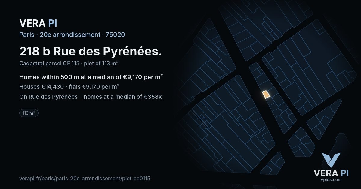 218 b Rue des Pyrénées, 20e arrondissement at night – the plot lit, the parcels around coloured by the prices near them