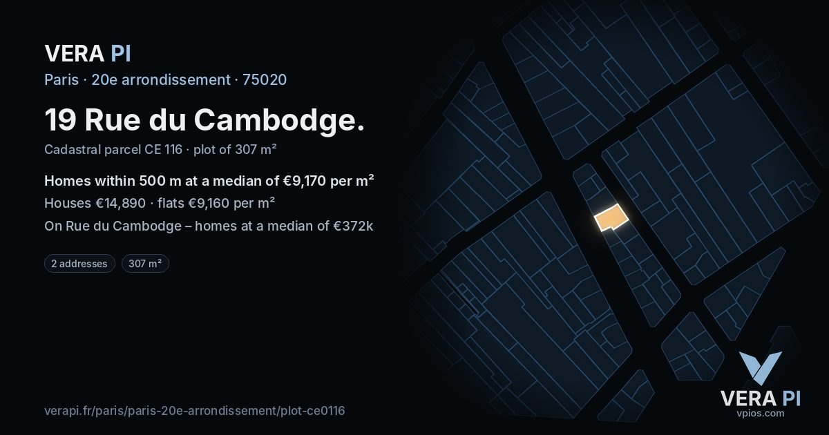 19 Rue du Cambodge, 20e arrondissement at night – the plot lit, the parcels around coloured by the prices near them