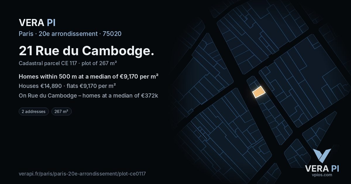 21 Rue du Cambodge, 20e arrondissement at night – the plot lit, the parcels around coloured by the prices near them
