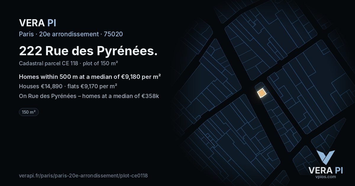 222 Rue des Pyrénées, 20e arrondissement at night – the plot lit, the parcels around coloured by the prices near them