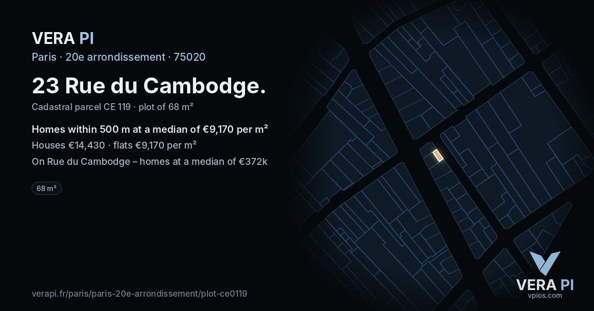 23 Rue du Cambodge, 20e arrondissement at night – the plot lit, the parcels around coloured by the prices near them