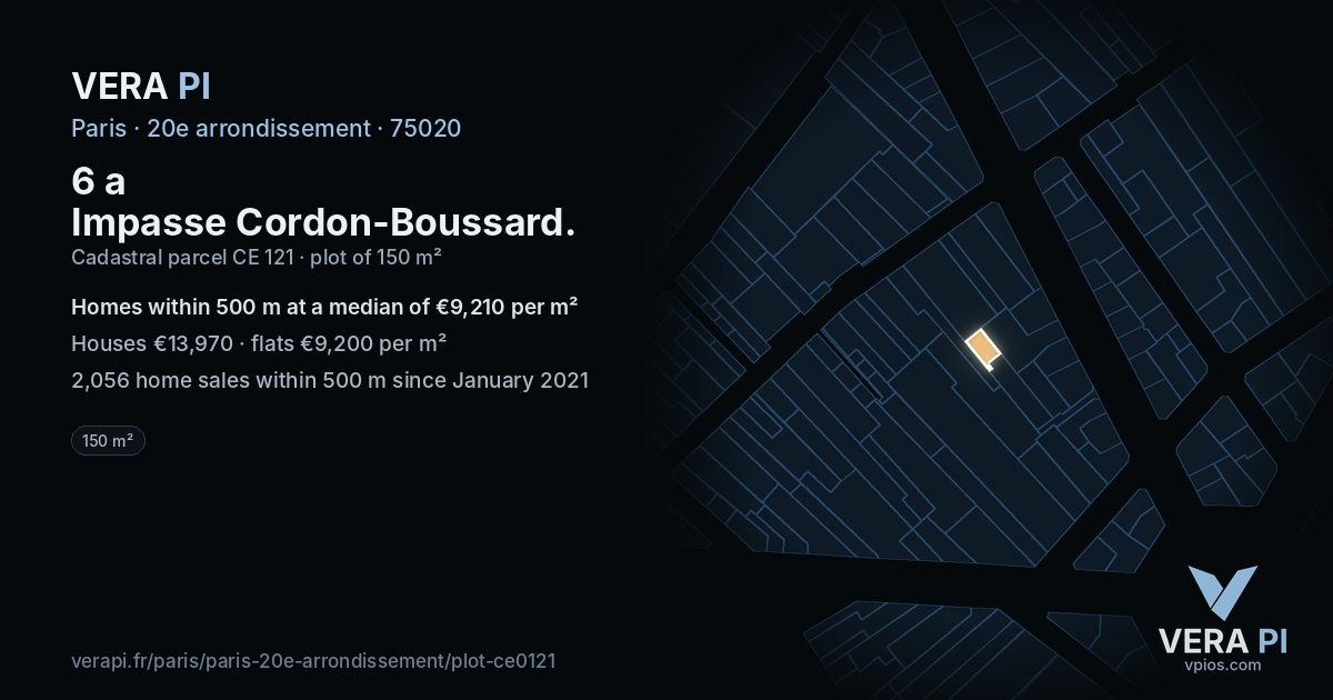 6 a Impasse Cordon-Boussard, 20e arrondissement at night – the plot lit, the parcels around coloured by the prices near them