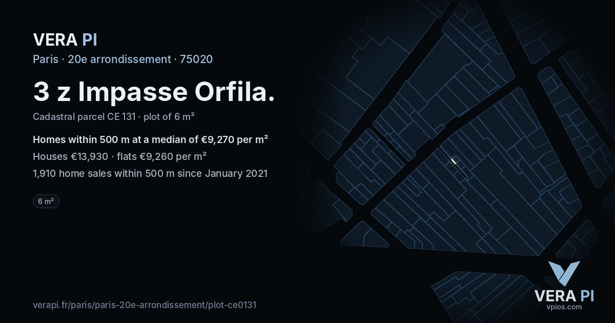 3 z Impasse Orfila, 20e arrondissement at night – the plot lit, the parcels around coloured by the prices near them