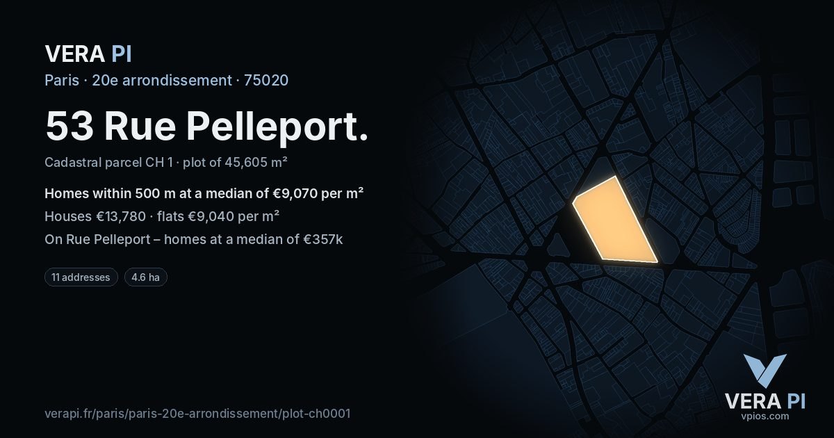 53 Rue Pelleport, 20e arrondissement at night – the plot lit, the parcels around coloured by the prices near them