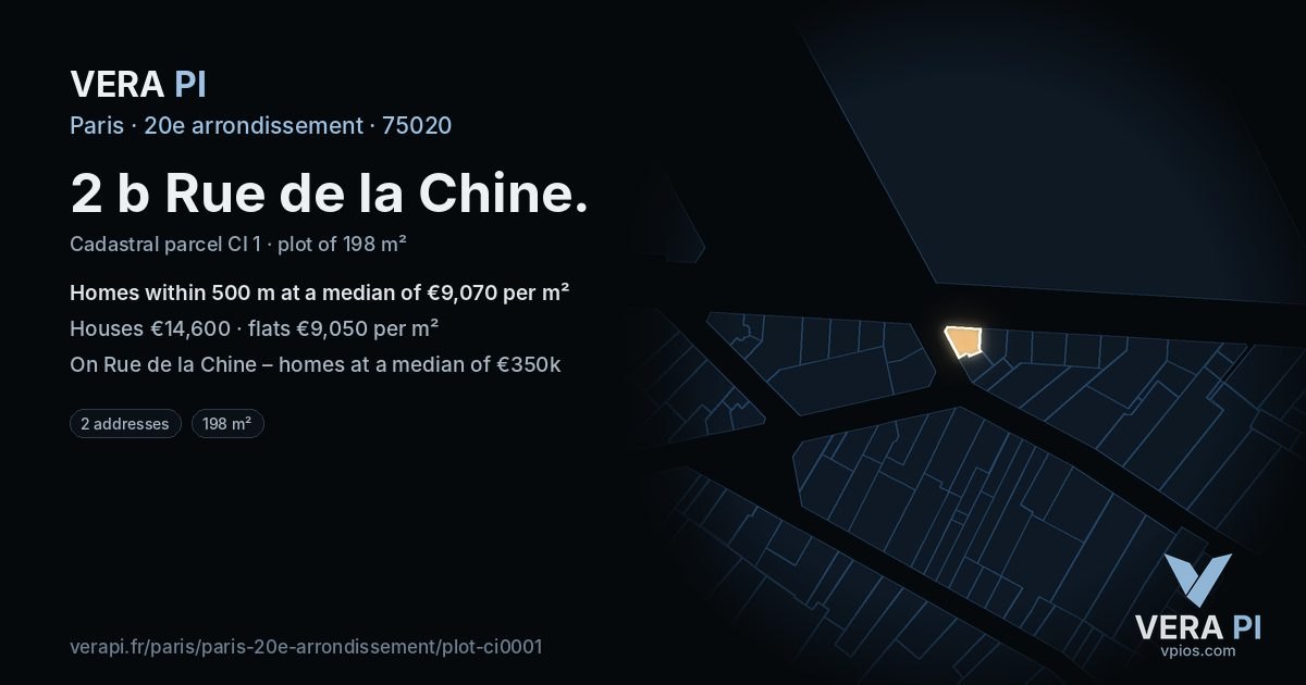 2 b Rue de la Chine, 20e arrondissement at night – the plot lit, the parcels around coloured by the prices near them
