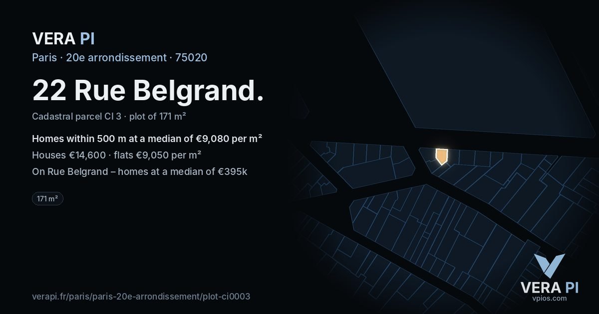 22 Rue Belgrand, 20e arrondissement at night – the plot lit, the parcels around coloured by the prices near them