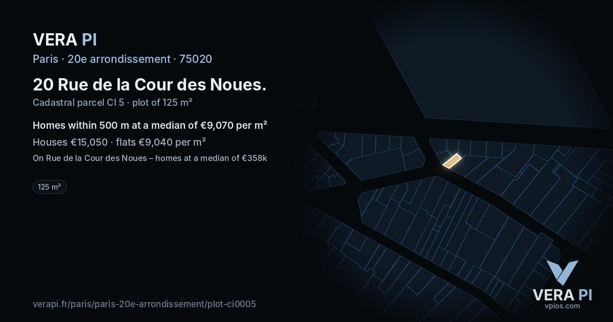 20 Rue de la Cour des Noues, 20e arrondissement at night – the plot lit, the parcels around coloured by the prices near them