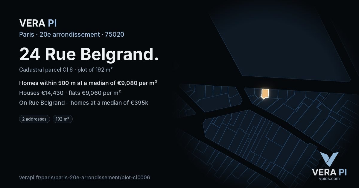 24 Rue Belgrand, 20e arrondissement at night – the plot lit, the parcels around coloured by the prices near them