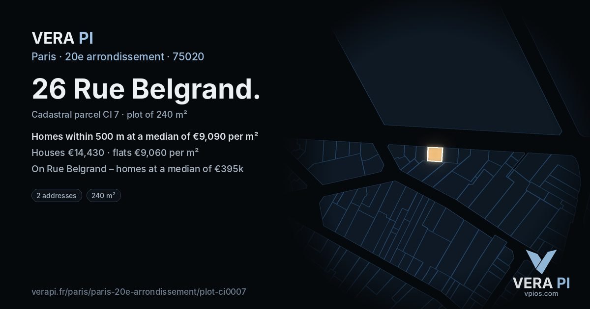 26 Rue Belgrand, 20e arrondissement at night – the plot lit, the parcels around coloured by the prices near them