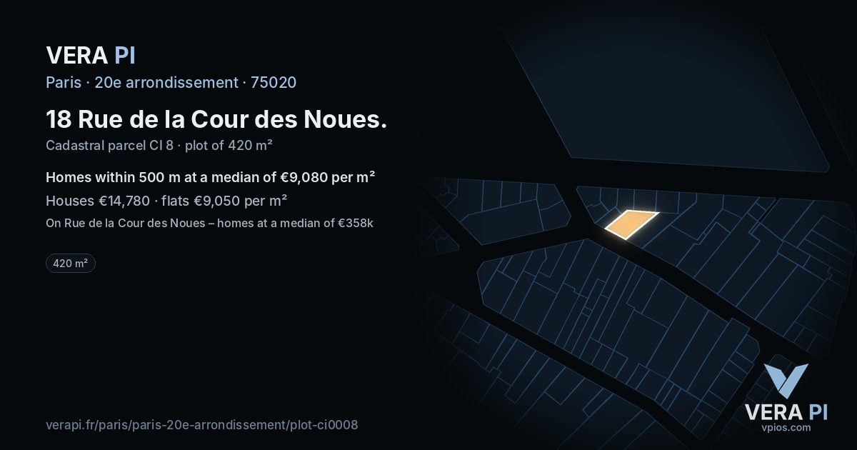 18 Rue de la Cour des Noues, 20e arrondissement at night – the plot lit, the parcels around coloured by the prices near them