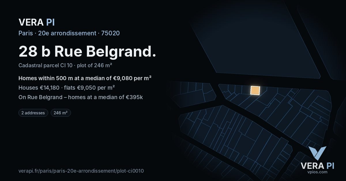 28 b Rue Belgrand, 20e arrondissement at night – the plot lit, the parcels around coloured by the prices near them