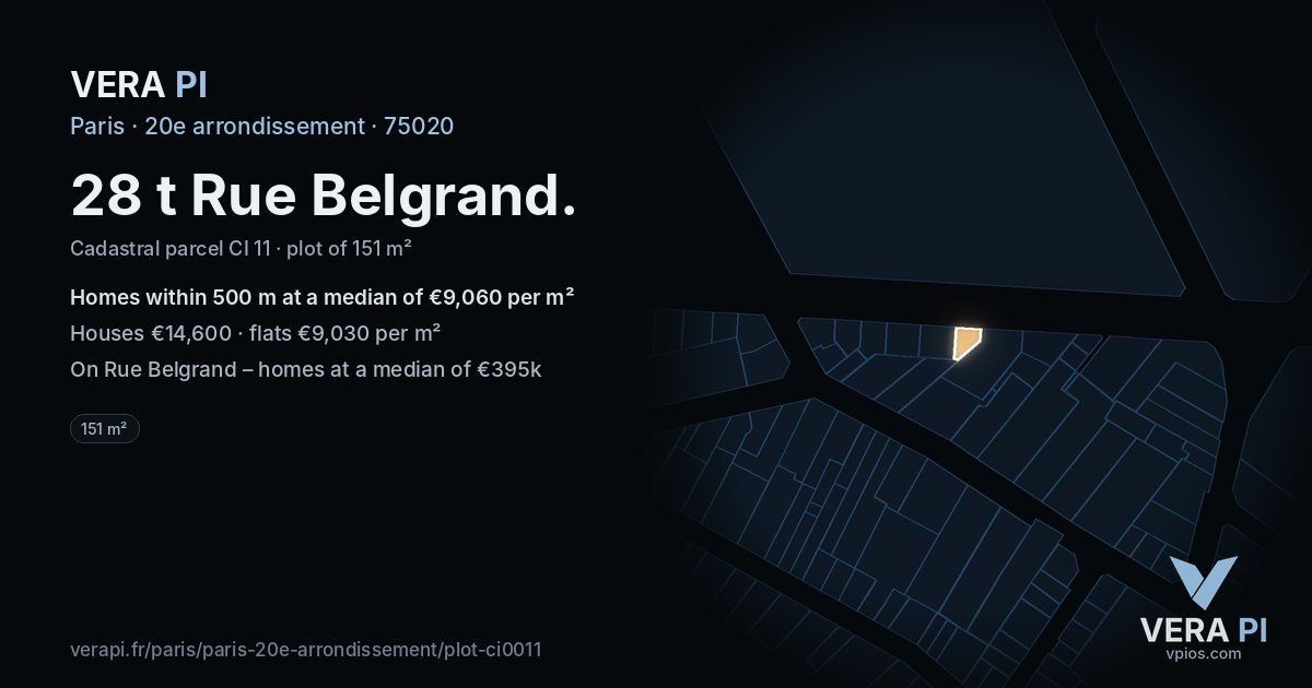 28 t Rue Belgrand, 20e arrondissement at night – the plot lit, the parcels around coloured by the prices near them