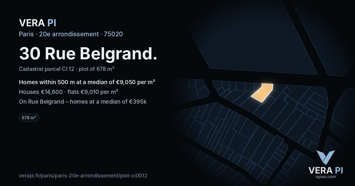 30 Rue Belgrand, 20e arrondissement at night – the plot lit, the parcels around coloured by the prices near them