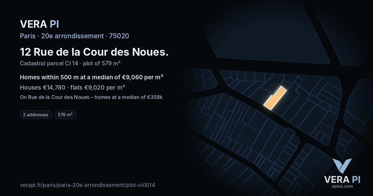 12 Rue de la Cour des Noues, 20e arrondissement at night – the plot lit, the parcels around coloured by the prices near them